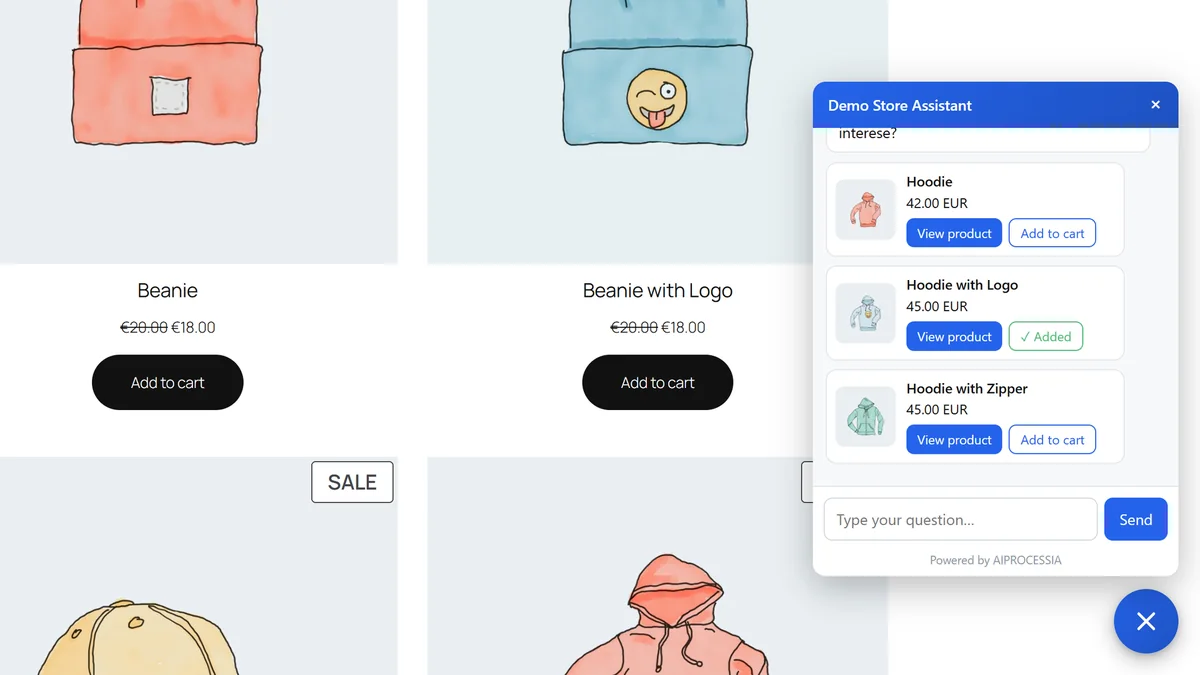 AI shopping assistant on a WooCommerce demo store: product cards with photo and price, and buttons to view the product or add it to the cart