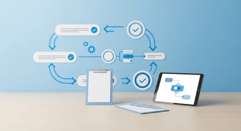 Qué es el BPM: flujo de procesos de negocio conectado por flechas y puntos de control, gestión de procesos para pymes 2026