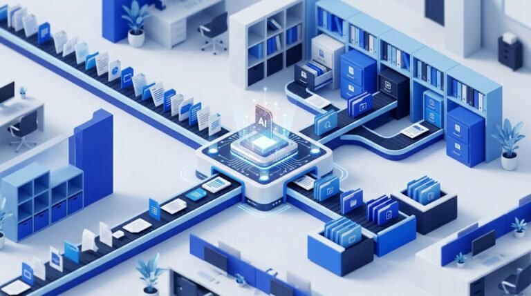 Sistema de IA clasificando y archivando documentos empresariales automáticamente