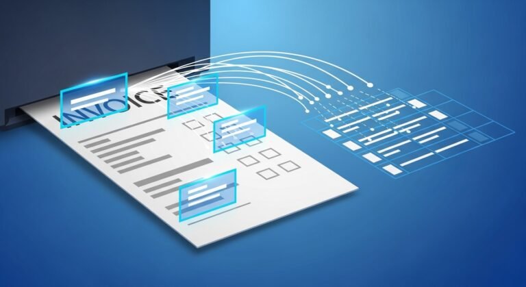 Invoice OCR software concept: an invoice document scanned and key data fields extracted into structured data by AI, 2026