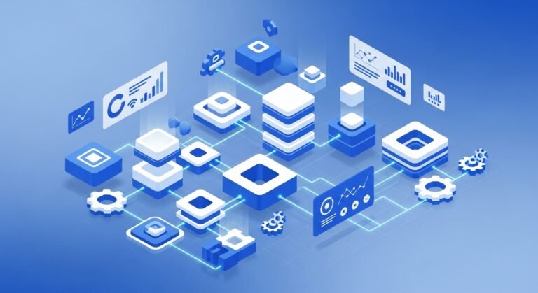 Low-code automation platform concept: modular workflow building blocks connecting into an automated app for SMBs in 2026