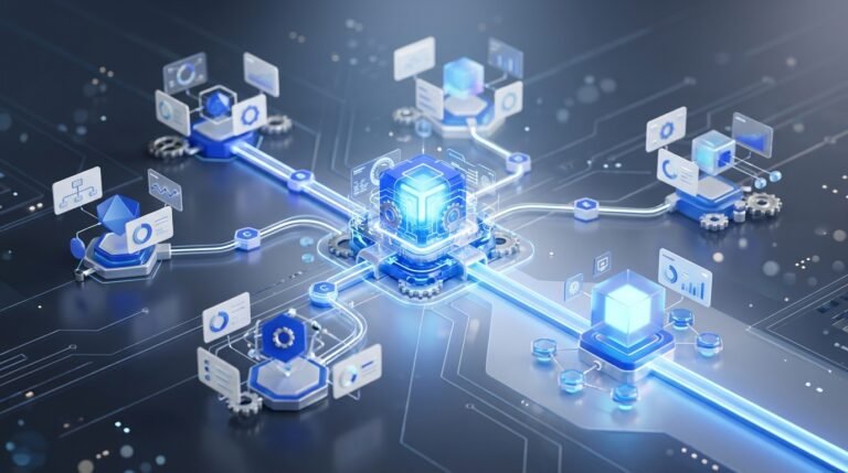 n8n alternatives concept: several automation workflow hubs connected by branching paths, choosing the right tool for an SMB in 2026