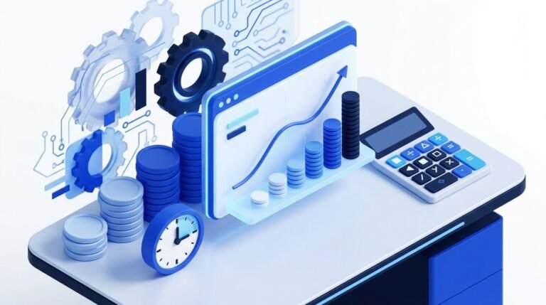 Calculo del ROI de un proyecto de IA: calculadora, graficas de retorno y engranajes sobre un escritorio corporativo