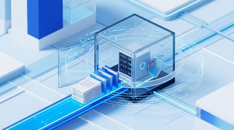 Documentos de empresa protegidos en una boveda digital conectada a un sistema de inteligencia artificial