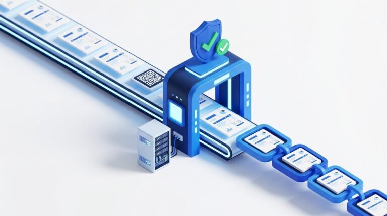 Ilustración isométrica del flujo automatizado de facturación electrónica: facturas digitales encadenadas, validadas y enviadas de forma segura